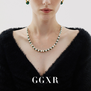 GGXR  绿色帝皇石拼接天然珍珠项链毛衣链项链 欧美气质风颈链