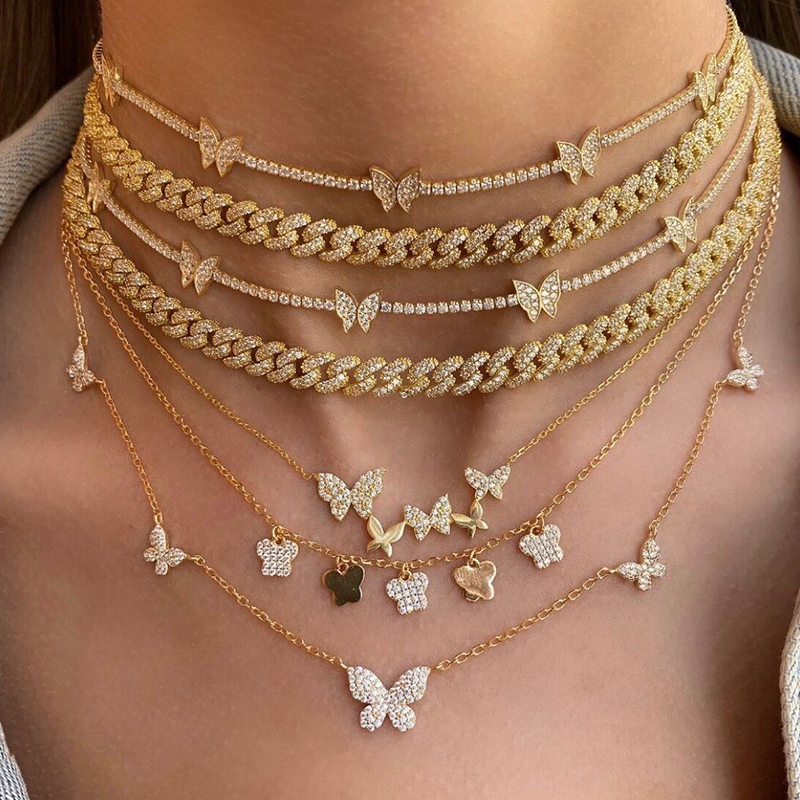 ggxr闪钻蝴蝶ins时髦叠戴项链