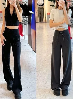 2026新款lulu原标直筒裤石墨灰提臀瑜伽休闲裤收腰抽绳高腰阔腿裤