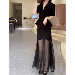 2026新款25056婕妤秀纯欲气质套装女夏季新款黑色V领收腰上衣网纱
