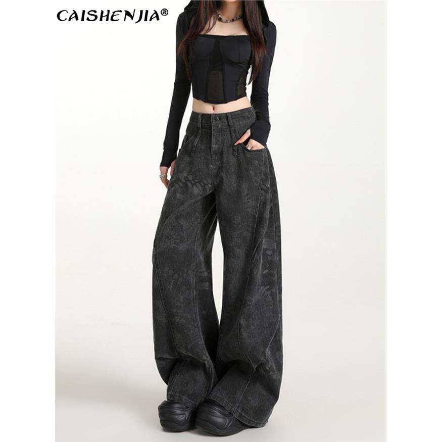 美式黑灰色印花阔腿牛仔裤女秋季新款小众设计感工装弯刀拖地裤子