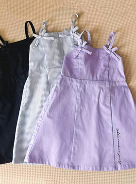 日本ALGY外贸原单女大童亲子装 纯棉紫黑色公主蝴蝶结吊带连衣裙