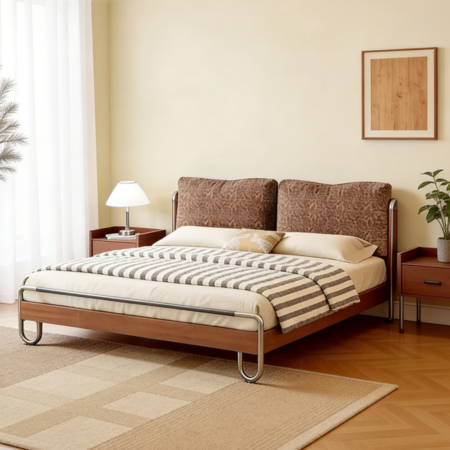 馨艾舒中古包豪斯风雪尼尔绒布艺软包可全拆洗胡桃木实木双人婚床