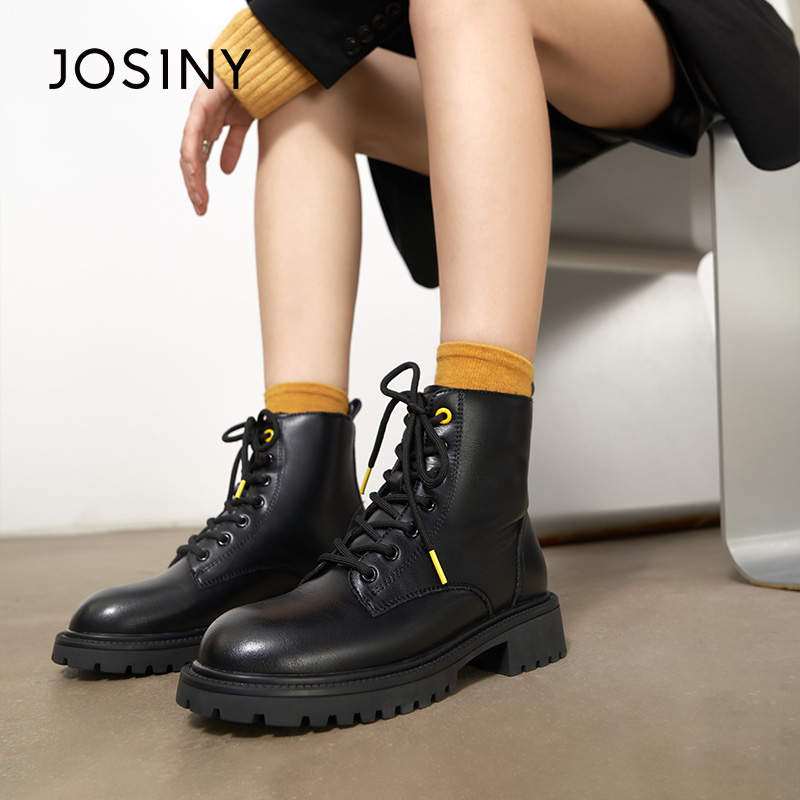 卓诗尼女鞋秋冬季新款马丁靴黑色厚底系带中筒马丁靴舒适圆头短靴