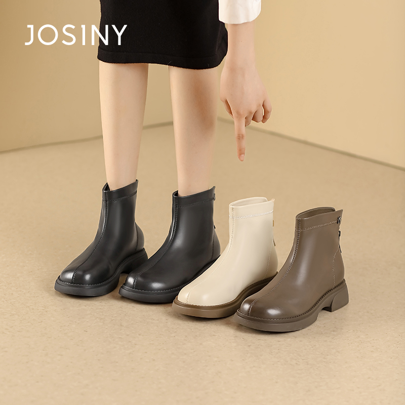 卓诗尼冬季女鞋撤柜正品女短靴都市英伦风瘦瘦靴精致金属钻扣百搭