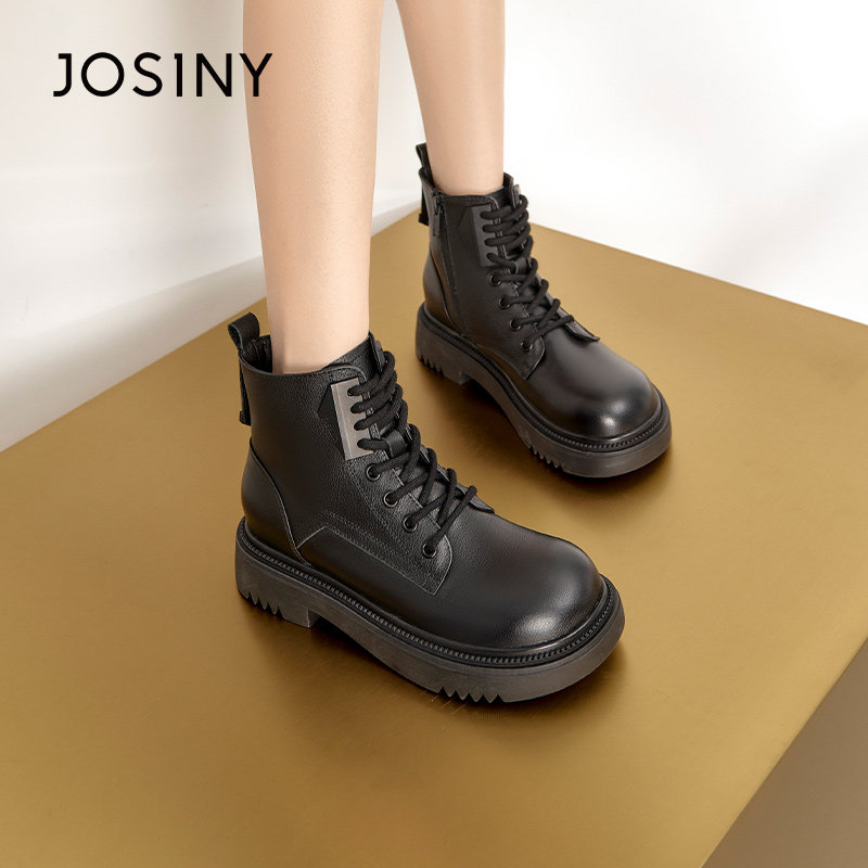 卓诗尼女鞋深口厚底大头皮鞋系带拉链短靴女秋冬单靴擦色圆头百搭,女鞋,深口单鞋,淘宝优惠券,粉丝福利购,淘宝优惠卷