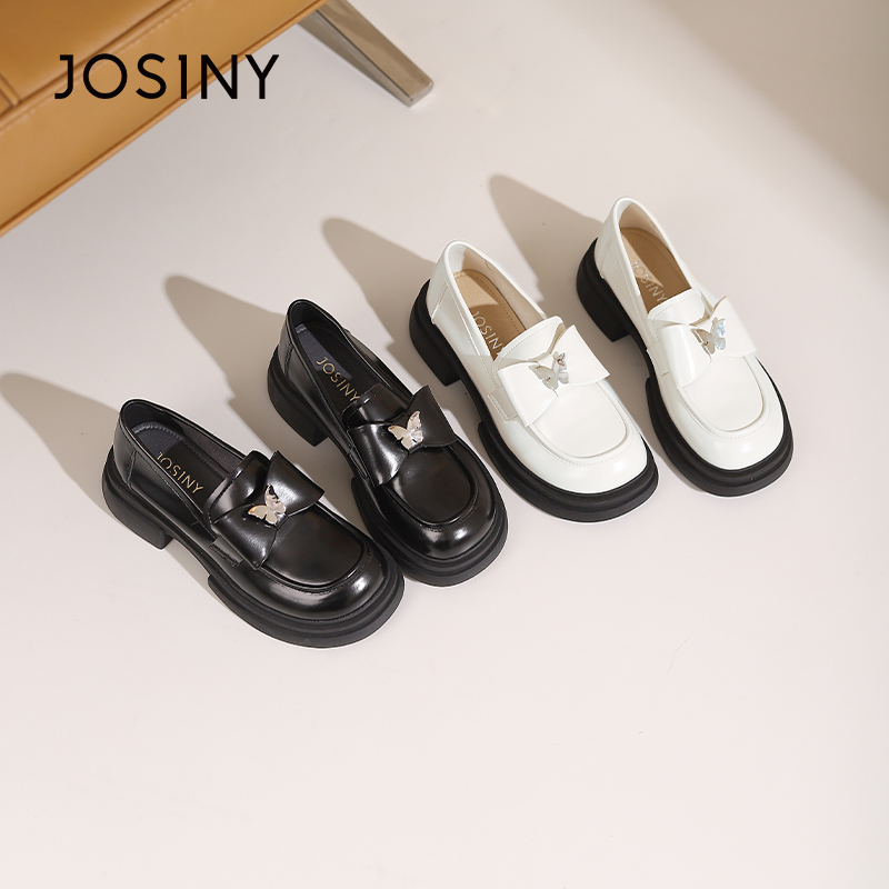 卓诗尼春秋季新款女士单鞋子圆头厚底深口一脚蹬乐福鞋韩版时装鞋