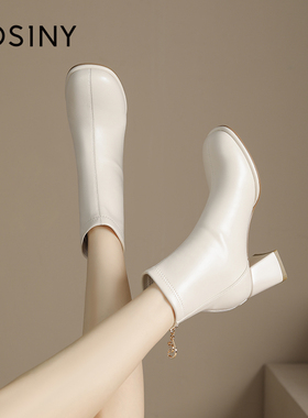 卓诗尼女鞋撤柜正品粗跟马丁靴女新款春春季粗跟白色法式中筒短靴