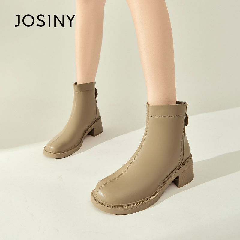 卓诗尼女鞋冬季新款靴子女士短筒靴子圆头粗高跟韩版时装休闲加绒