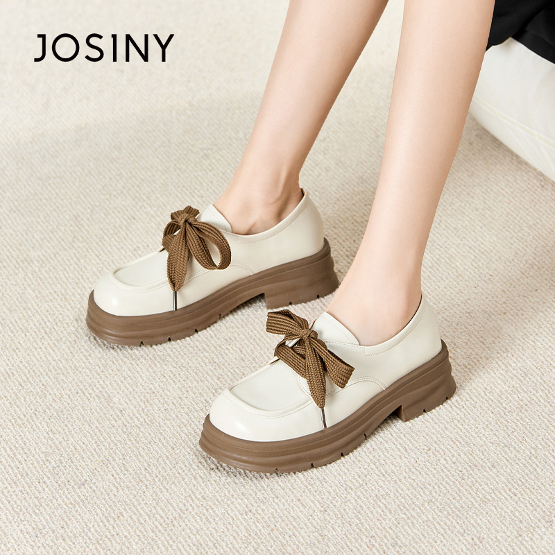 卓诗尼春季系带女鞋深口单鞋圆头套脚厚底一脚蹬韩版休闲乐福鞋