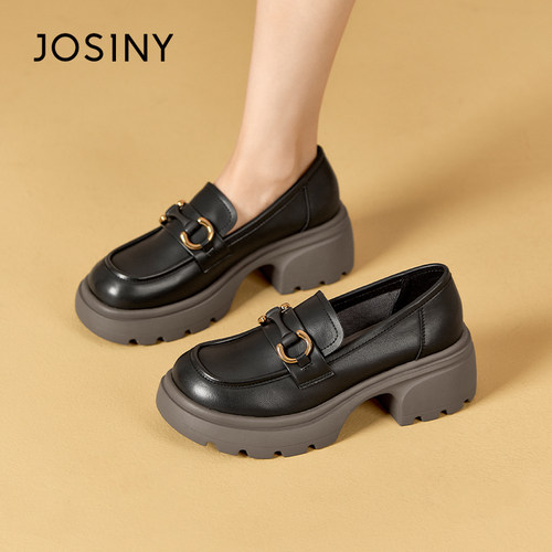 卓诗尼新款女士单鞋子圆头厚底套脚一脚蹬时装休闲乐福鞋百搭通勤