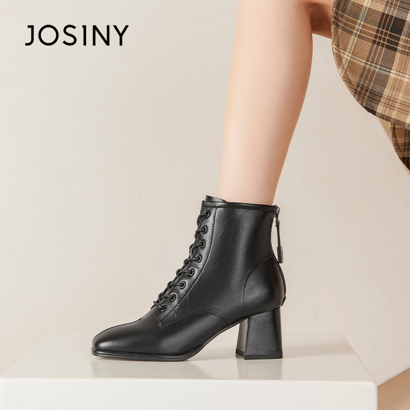 卓诗尼秋冬季女鞋女士短筒靴圆头粗高跟韩版时装休闲百搭通勤日常