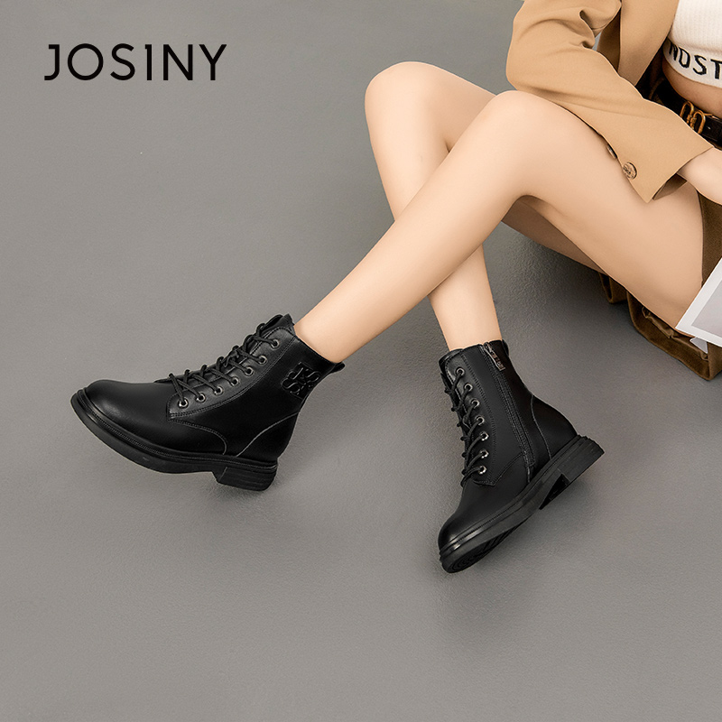 卓诗尼冬季新款女靴子女士短筒靴圆头平底加绒保暖侧拉链马丁靴潮