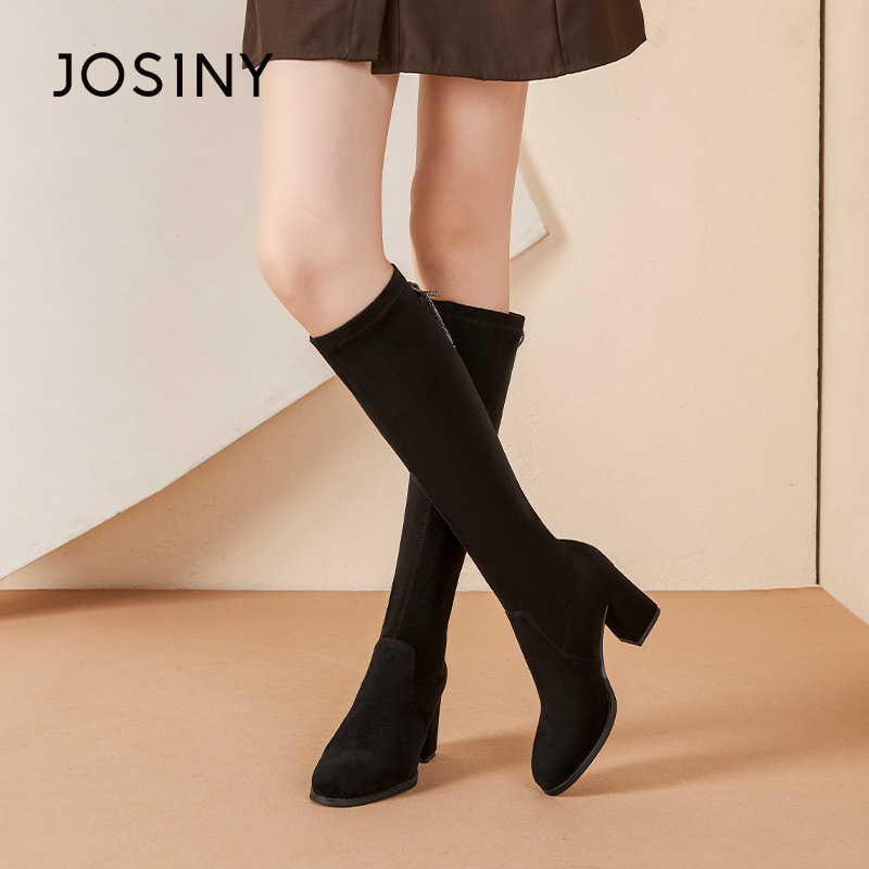 卓诗尼女鞋粗跟圆头高筒靴百搭通勤气质绒面不过膝长靴弹力瘦瘦靴