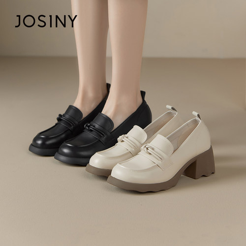 卓诗尼春秋季新款女士单鞋子圆头粗高跟套脚一脚蹬韩版休闲乐福鞋