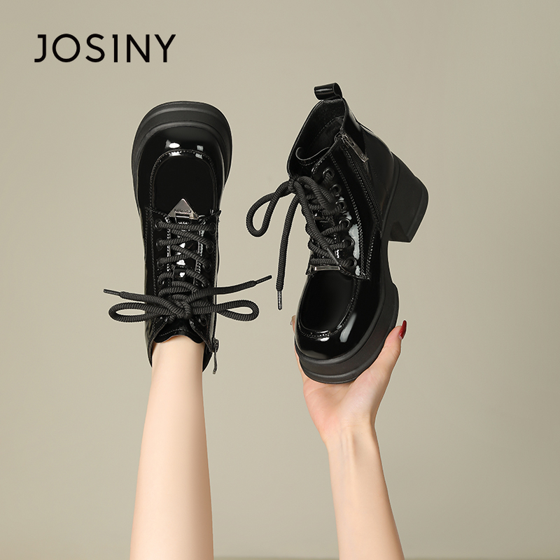 卓诗尼冬季新款女士短筒靴子圆头粗跟系带时装休闲韩版百搭通勤