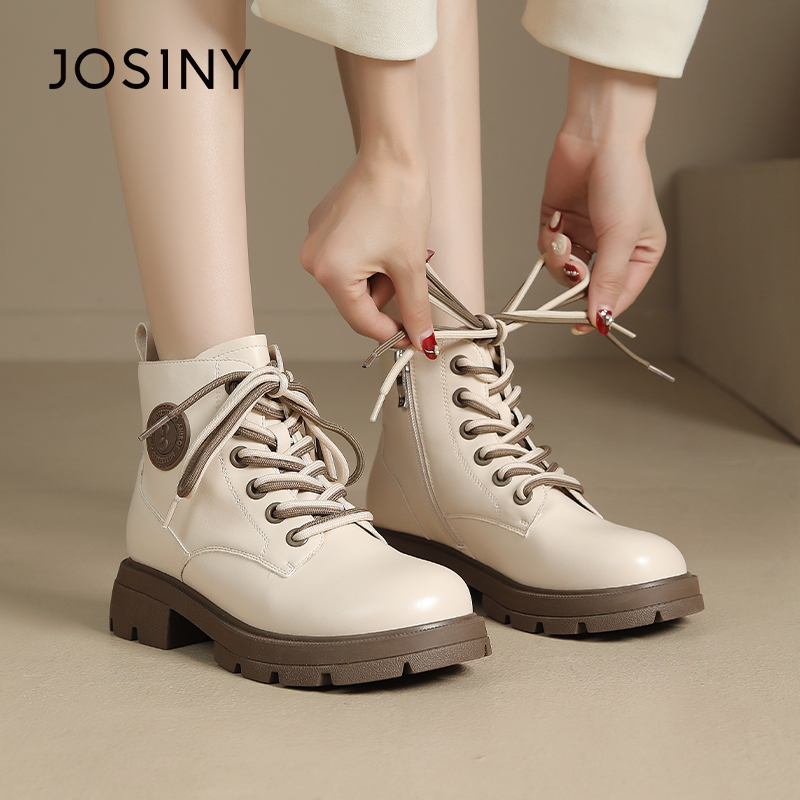 卓诗尼女鞋秋冬撤柜正品复古学院休闲马丁靴双色鞋带圆头厚底百搭