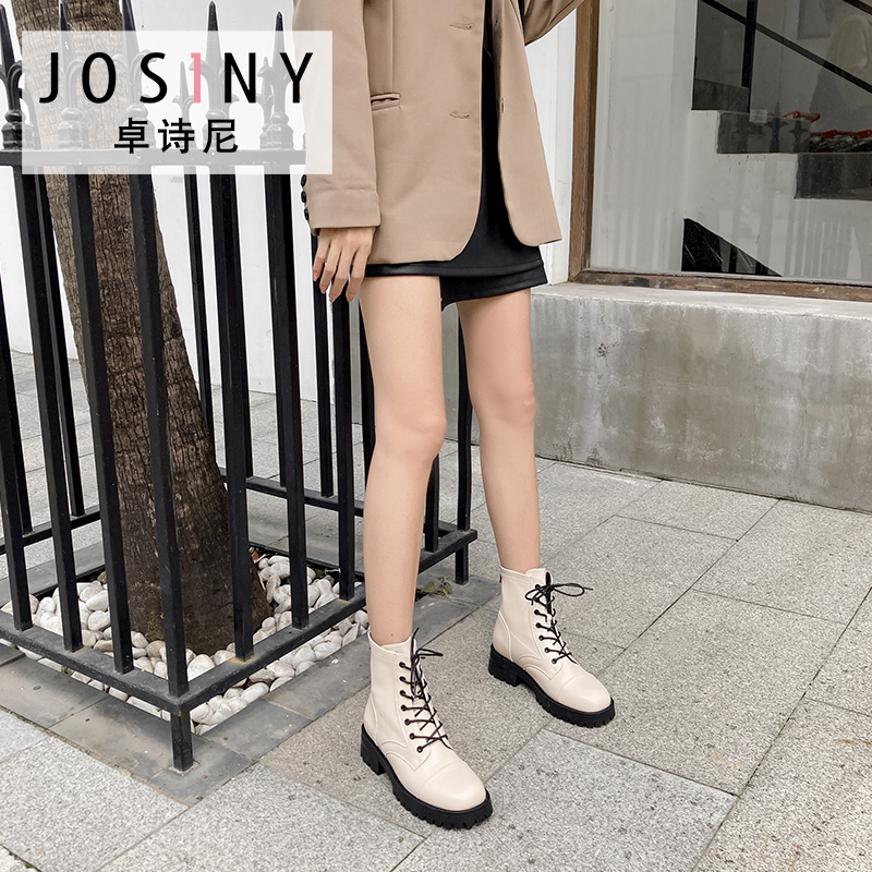卓诗尼冬季女鞋女士短筒靴子圆头平跟系带侧拉链加绒休闲马丁靴