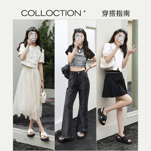 卓诗尼撤柜正品一字带凉鞋女夏季新款厚底方跟休闲百搭舒适凉鞋