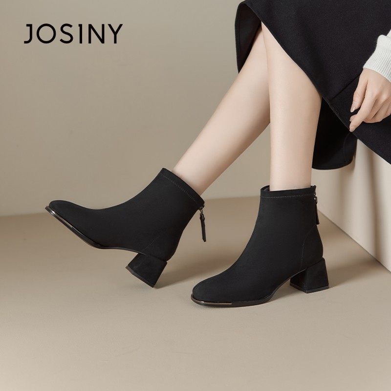 卓诗尼冬季女靴撤柜正品气质优雅绒面短靴日常百搭方圆头舒适通勤