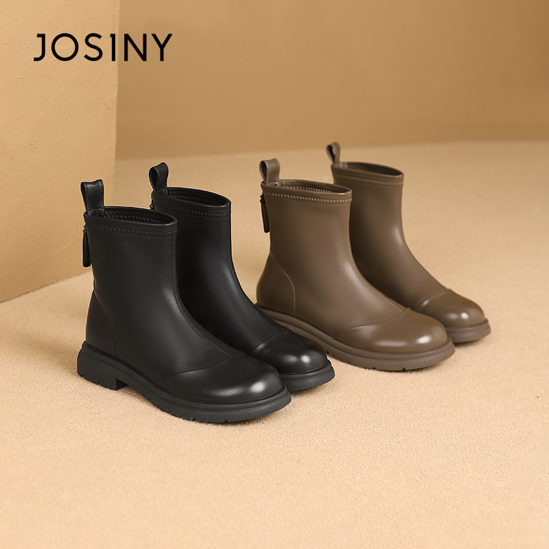 卓诗尼冬季女鞋撤柜正品女士短筒靴拼接圆头柔软厚底保暖通勤百搭