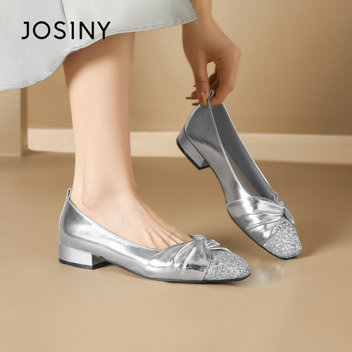 卓诗尼撤柜正品法式小香风浅口单鞋女蝴蝶结亮片方跟玛丽珍鞋气质