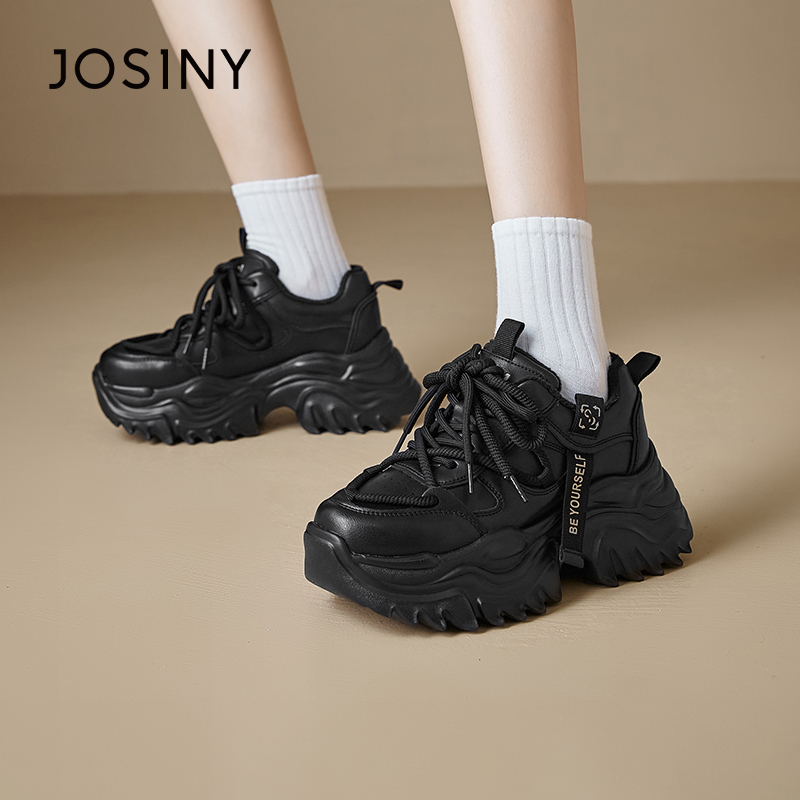 卓诗尼女鞋冬季撤柜正品甜酷复古老爹鞋圆头飘带标签装饰厚底时尚