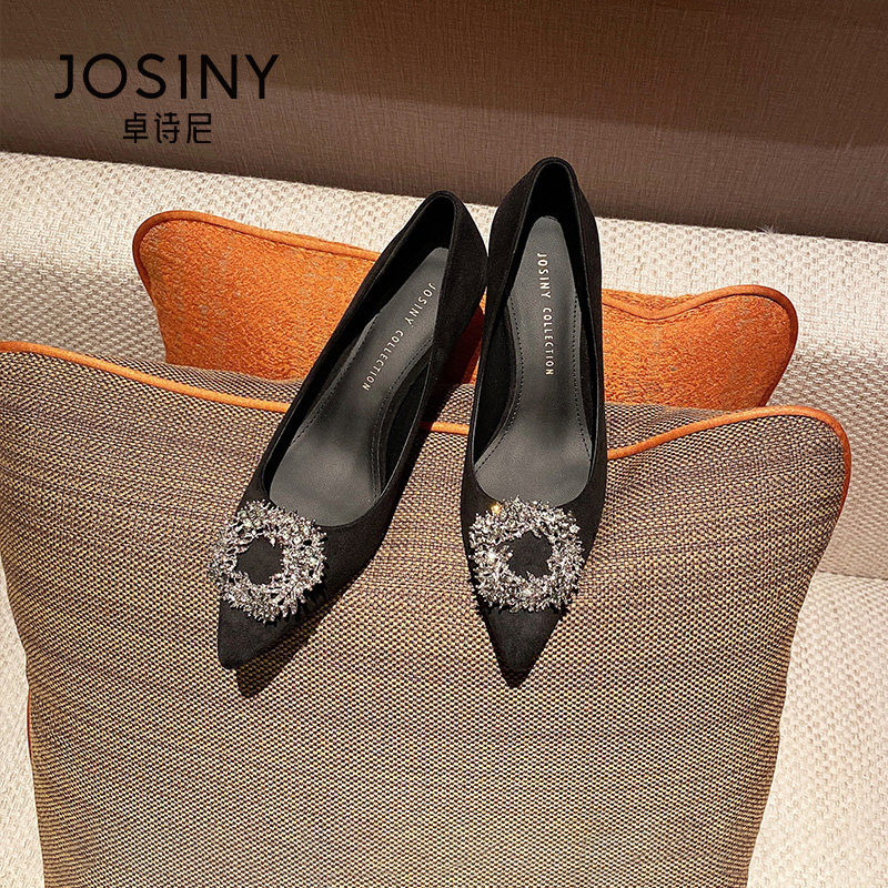 卓诗尼春秋女士单鞋子浅口细高跟鞋婚鞋纯色方扣小碎钻简约伴娘鞋