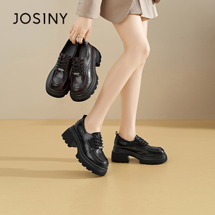 简约增高女鞋 女系带粗跟深口时尚 英伦风厚底乐福鞋 卓诗尼撤柜正品