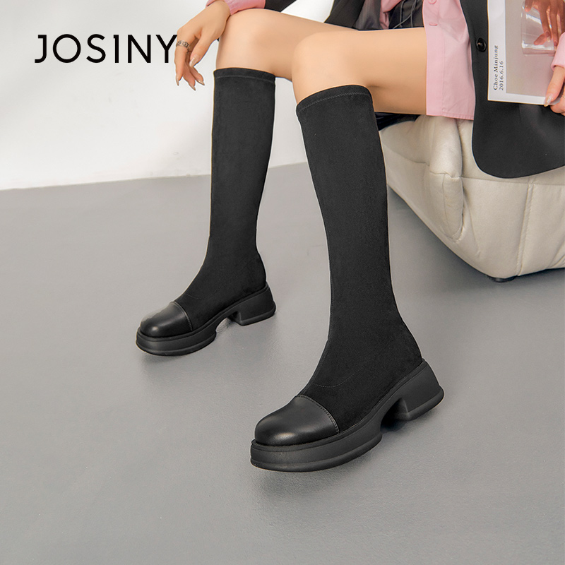 卓诗尼女靴新款不过膝高筒靴百搭弹力瘦瘦靴女厚底复古拼接圆头