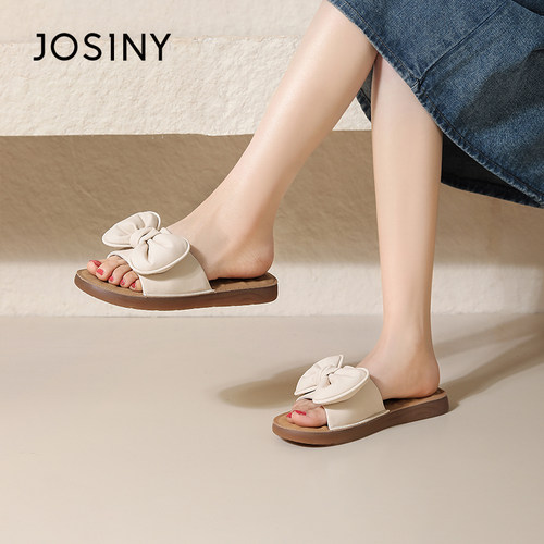 卓诗尼撤柜正品蝴蝶结一字拖女夏平跟软底防滑露趾外穿百搭凉拖鞋
