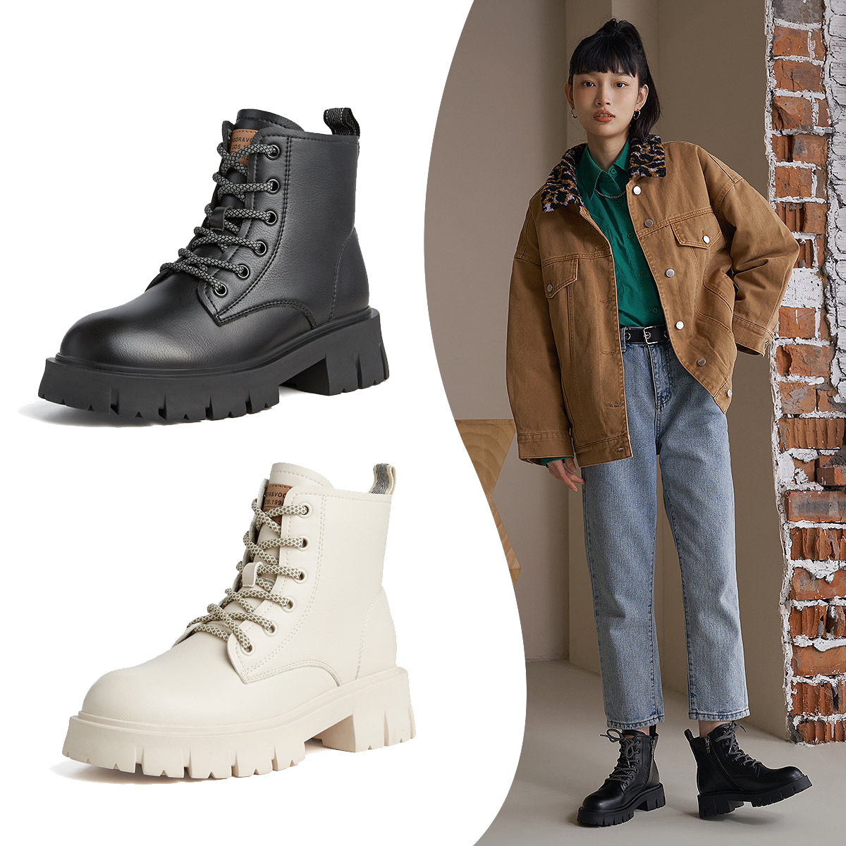 卓诗尼女鞋秋冬季新款马丁靴黑色齿轮厚底中筒马丁靴舒适圆头短靴