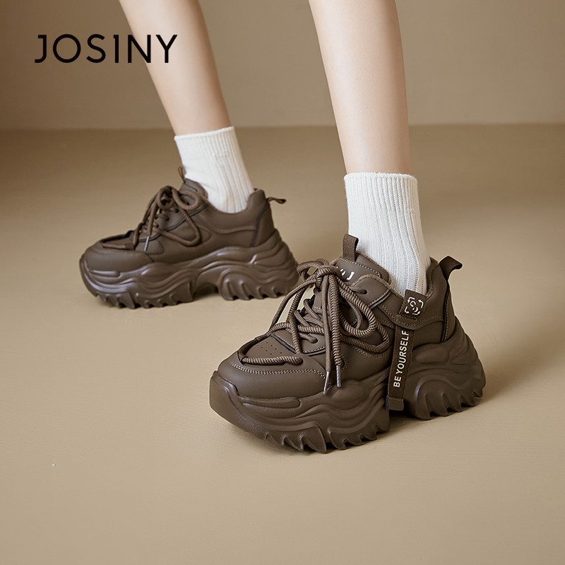 卓诗尼女鞋冬季撤柜正品甜酷复古老爹鞋圆头飘带标签装饰厚底时尚