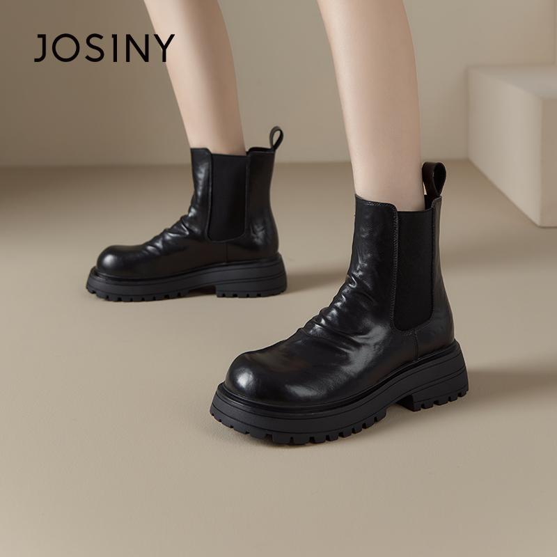 卓诗尼女靴冬季撤柜正品复古套筒弹力短靴舒适擦色圆头时尚百搭潮