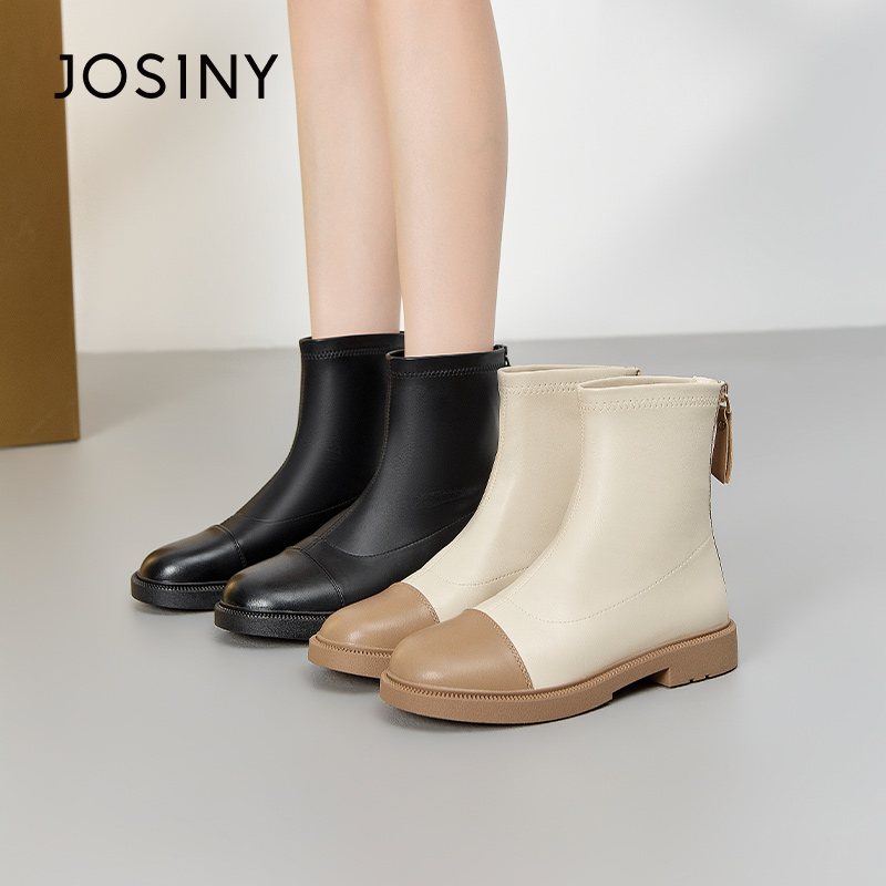 卓诗尼女单靴秋冬款撤柜正品法式拼色短靴后拉链小香风弹力瘦瘦靴