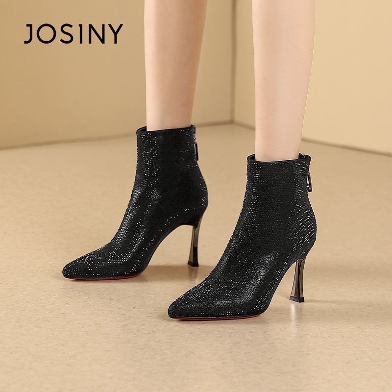卓诗尼冬季女靴撤柜正品短筒靴璀璨满钻尖头靴性感时尚百搭高跟鞋
