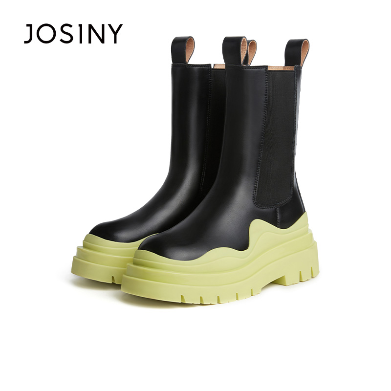 卓诗尼短筒靴撤柜正品法式圆头中筒马丁靴粗跟百搭气质舒适烟管靴