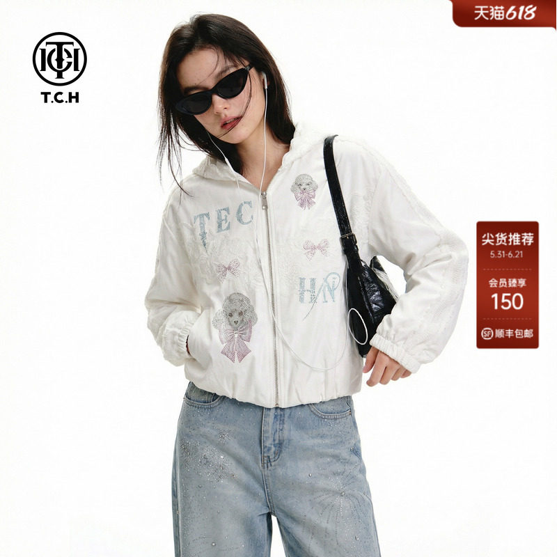TCH2026春季新款烫钻小熊连帽蕾丝宽松短款拉链外套女T78A17E1005
