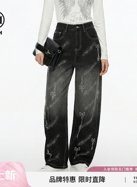 TCH烫钻蝴蝶结做旧时尚潮酷阔腿牛仔裤女2026春夏新款T78A20E1171