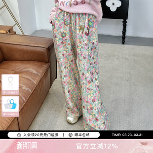 女T75D20E1238 烫钻慵懒风花色加绒高腰阔腿休闲裤 TCH2025冬季 新款