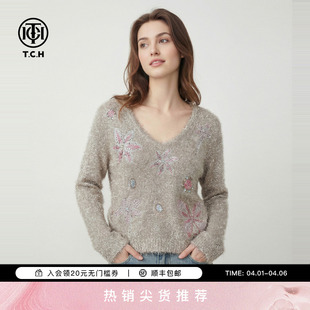 潮牌蝴蝶结烫钻亮闪闪卡其色毛衣T75D09E1305 TCH时尚
