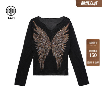 TCH潮牌重工烫钻翅膀V领针织衫女高级感显瘦长袖上衣T78A09E1168