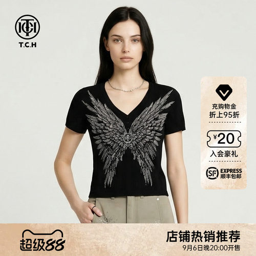 TCH2026早秋新款翅膀烫钻显瘦黑色修身短袖针织T恤女T78A09E1183