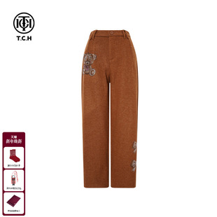 T75D20E1136 新款 TCH小熊烫钻驼色直筒显瘦绵羊毛休闲裤 女2025冬季