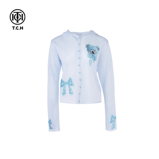 休闲针织连帽开衫 TCH私服蓝色小熊蝴蝶结烫钻时尚 T75A43E5005