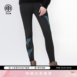 TCH2025秋冬新款 黑打底裤 女弹力加绒鲨鱼裤 T75D23E1001 烫钻时尚