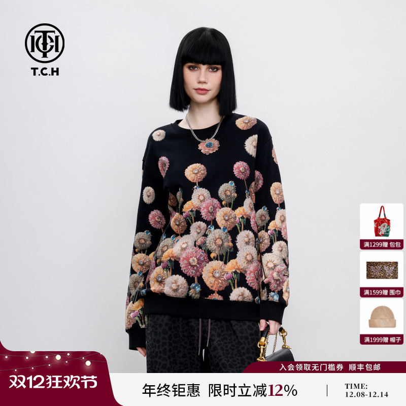 TCH潮酷个性宽松百搭烫钻花朵圆领卫衣男女同款2025年春夏新款