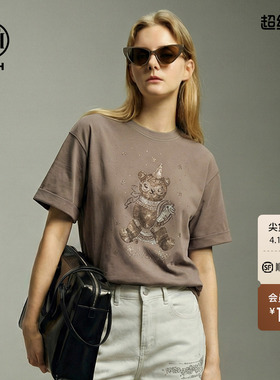 TCH2026春新款烫钻小熊休闲卡其色宽松圆领短袖T恤女T78A10E1018