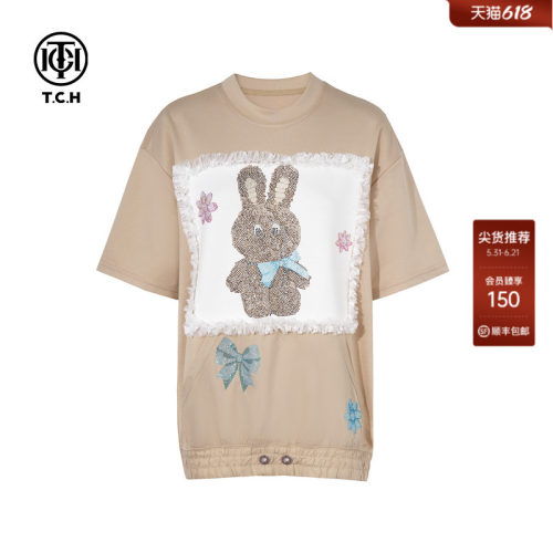 TCH烫钻可爱兔洋气减龄宽松百搭短袖T恤女春夏T75C10B1007
