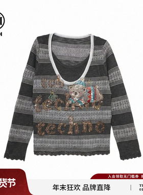 TCH宽松U领假两件撞色条纹烫钻小熊字母针织衫上衣女T78A09E5005